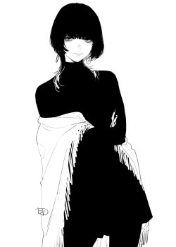 1girl black_hair earrings goshiki_suzu jewelry mole monochrome simple_background tagme white_background