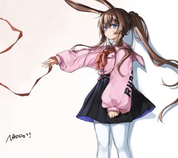 Rule 34 | 1girl, absurdres, amiya (arknights), animal ears, arknights, black skirt, blue eyes, brown hair, closed mouth, clothes writing, cowboy shot, gradient background, grey background, hair between eyes, highres, long hair, long sidelocks, long sleeves, looking at viewer, omuretu (butterroru), outstretched arm, pantyhose, pink shirt, pleated skirt, ponytail, puffy long sleeves, puffy sleeves, red ribbon, ribbon, shirt, sidelocks, skirt, solo, standing, white background, white pantyhose