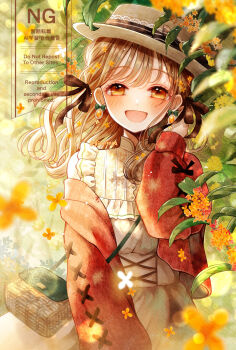 1girl bag black_bow blush bow brown_hair cardigan cowboy_shot day earrings eyelashes floating_hair flower gem ginniroya hair_bow happy hat highres jewelry leaf long_sleeves looking_at_viewer open_mouth orange_eyes orange_flower orange_gemstone original outdoors solo sunlight watermark wind wispy_bangs yellow_flower