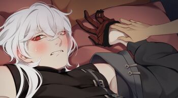 1boy a_date_with_death aegyo_sal biting_own_lip black_jacket black_shirt casper_(a_date_with_death) double-parted_bangs flustered gloves hair_between_eyes half-closed_eyes highres jacket jacket_partially_removed jellyfish_cut looking_at_viewer lying male_focus official_art on_back on_bed pov pov_hands promotional_art red_eyes red_gloves removing_glove shirt sleeveless sleeveless_shirt upper_body white_hair