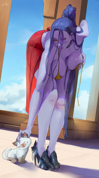 1girl absurdres araneesama baby_animal bare_shoulders bent_over bikini breasts cat cleavage colored_skin covered_erect_nipples highres kitten large_breasts leaning_forward long_hair looking_at_viewer overwatch purple_skin smile solo swimsuit widowmaker_(overwatch) yellow_bikini