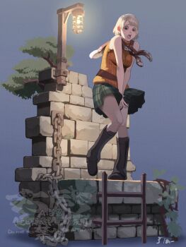 1girl 5tatsu ashley_graham blonde_hair bob_cut boots breasts commentary_request green_skirt highres knees_together_feet_apart large_breasts open_mouth orange_sweater plaid_clothes plaid_skirt resident_evil resident_evil_4 short_hair skirt sleeveless sleeveless_sweater sleeveless_turtleneck solo sweater sweater_around_neck turtleneck watermark