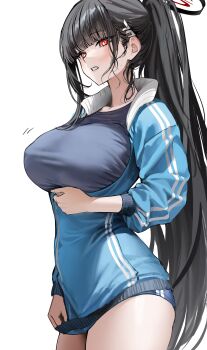 1girl absurdres ayoni_623 black_hair black_halo black_shirt blue_archive blue_buruma blue_jacket breasts bright_pupils buruma commentary cosplay hair_ornament hairclip halo highres jacket large_breasts long_hair ponytail red_eyes rio_(blue_archive) shirt simple_background solo track_jacket very_long_hair white_background white_pupils yuuka_(blue_archive) yuuka_(blue_archive)_(cosplay) yuuka_(track)_(blue_archive)