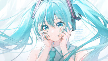 aqua_eyes aqua_hair aqua_nails aqua_necktie artist_name detached_sleeves grey_shirt hatsune_miku headphones headset highres long_hair looking_at_viewer necktie number_tattoo shirt sleeveless sleeveless_shirt tattoo twintails very_long_hair vocaloid watermark window yuzuha_wasa