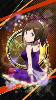 1girl anime_coloring ansatsu_kyoushitsu breasts brown_hair closed_mouth cowboy_shot dress from_behind glowing hair_ornament hair_scrunchie jewelry large_breasts morita_kazuaki necklace official_art orange_background pantyhose plaid_background ponytail purple_dress purple_eyes purple_pantyhose scrunchie shawl short_hair sidelocks sitting smile solo white_scrunchie yada_touka