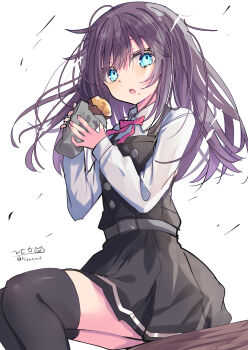 1girl absurdres asashio_(kancolle) asashio_kai_ni_(kancolle) black_hair black_thighhighs blue_eyes blush dress eating food highres hizaka kantai_collection long_hair long_sleeves looking_at_viewer neck_ribbon one-hour_drawing_challenge open_mouth pinafore_dress red_ribbon ribbon school_uniform shirt signature sitting sleeveless sleeveless_dress solo sweet_potato thighhighs twitter_username white_shirt