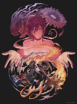 1girl apron black_apron black_background black_choker black_gloves black_shorts black_thighhighs bomb_devil_(chainsaw_man) chainsaw_man choker dynamite elbow_gloves explosive gloves green_eyes grenade_pin hair_between_eyes highres karuru006 looking_at_viewer object_head purple_hair reze_(chainsaw_man) shorts thighhighs