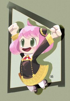 1girl absurdres anya_(spy_x_family) arms_up black_dress black_shoes clenched_hands commentary_request dress eyelashes full_body green_eyes gyosho highres long_sleeves open_mouth pink_hair shadow shoes short_hair smile solo spy_x_family teeth upper_teeth_only