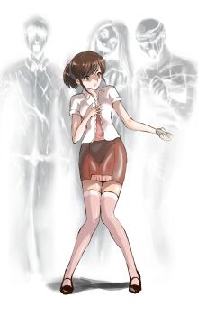 1girl absurdres breasts brown_eyes brown_hair fatal_frame fatal_frame_iii:_the_tormented flashlight full_body ghost highres hinasaki_miku holding midnamana multiple_boys short_hair simple_background skirt small_breasts thighhighs white_background
