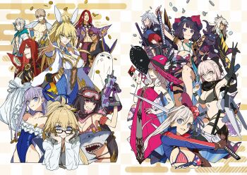 artoria_pendragon_(fate) artoria_pendragon_(swimsuit_ruler)_(fate) artoria_pendragon_(swimsuit_ruler)_(first_ascension)_(fate) assault_rifle bedivere_(fate) bedivere_(servant_summer_festival!_2018_swimsuit)_(fate) bikini bird black_hair blonde_hair breasts card carmilla_(fate) carmilla_(swimsuit_rider)_(first_ascension)_(fate) checkered_background cleavage coin dark-skinned_female dark_skin fate/grand_order fate_(series) fishnets flat_chest frilled_one-piece_swimsuit frills fuuma_kotarou_(fate) fuuma_kotarou_(shinobi_attire_for_summer_enjoyment)_(fate) gawain_(fate) gawain_(scion_of_summer)_(fate) glasses goggles goggles_on_head gold_coin gun hat hat_feather highres jeanne_d&#039;arc_(fate) jeanne_d&#039;arc_(swimsuit_archer)_(second_ascension)_(fate) katsushika_hokusai_(fate) katsushika_hokusai_(swimsuit_saber)_(fate) knights_of_the_round_table_(fate) lancelot_(fate/grand_order) lancelot_(strongest_knight_of_summer)_(fate) large_breasts long_sleeves meltryllis meltryllis_(fate) meltryllis_(swimsuit_lancer)_(fate) meltryllis_(swimsuit_lancer)_(second_ascension)_(fate) merlin_(fate) merlin_(overnight_dream)_(fate) midriff miyamoto_musashi_(fate) miyamoto_musashi_(fate/grand_order) miyamoto_musashi_(swimsuit_berserker)_(fate) miyamoto_musashi_(swimsuit_berserker)_(second_ascension)_(fate) multiple_boys multiple_girls navel nitocris_(fate) nitocris_(fate/grand_order) nitocris_(swimsuit_assassin)_(fate) nitocris_(swimsuit_assassin)_(first_ascension)_(fate) oda_nobunaga_(fate) oda_nobunaga_(maou_avenger)_(fate) okita_j._souji_(fate) okita_j._souji_(first_ascension)_(fate) one-piece_swimsuit osakabehime_(fate) osakabehime_(swimsuit_archer)_(fate) osakabehime_(swimsuit_archer)_(second_ascension)_(fate) penguin playboy_bunny rifle shark siegfried_(fate) siegfried_(super_cool_biz)_(fate) silver_coin sun_hat swimsuit toto-sama_(fate) tristan_(chicken_of_luluhawa)_(fate) tristan_(fate) wada_arco weapon white_hair