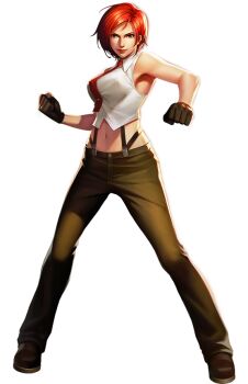1girl breasts female_focus formal_clothes gloves huge_breasts large_breasts leather looking_at_viewer pale_skin pants red_eyes red_hair shirt shoes short_hair smile smiley_face standing the_king_of_fighters thick_thighs thighs vanessa_(kof) white_shirt wide_hips
