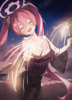 +_+ 1girl alternate_costume blue_archive blush bow checkered_clothes checkered_kimono flower haamon_(harmon) hair_between_eyes hair_bow hair_flower hair_ornament halo highres holding holding_fireworks japanese_clothes kimono koyuki_(blue_archive) long_hair night night_sky obi ocean one_eye_closed open_mouth pink_eyes pink_flower pink_hair pink_halo purple_bow purple_sash sash sidelocks sky solo twintails white_flower white_kimono