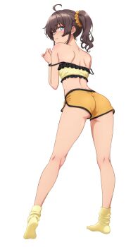 1girl absurdres ahoge aqua_eyes ass bare_shoulders bilingual_commentary breasts brown_hair camisole commentary crop_top double_strap_slip frilled_camisole frills from_behind full_body hair_between_eyes hands_up heart heart-shaped_pupils highres hololive kneepits looking_back median_furrow mixed-language_commentary nail_polish natsuiro_matsuri natsuiro_matsuri_(matsuri's_day_off) no_shoes orange_shorts p-nekoe pink_nails scrunchie short_shorts shorts shoulder_blades side_ponytail simple_background small_breasts socks solo strap_slip symbol-shaped_pupils virtual_youtuber white_background yellow_camisole yellow_scrunchie yellow_socks