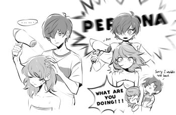 ... 0_0 1boy 1girl @_@ closed_mouth comic commentary_request english_text greyscale hair_dryer hand_on_another&#039;s_head highres holding holding_hair_dryer monochrome naked_towel one_eye_covered open_mouth persona persona_3 punching rrrrrrrrrrrou1 shirt short_hair simple_background surprised t-shirt takeba_yukari towel upper_body wet wet_hair white_background yuuki_makoto_(persona_3)