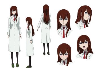 anime_coloring annoyed blush breasts closed_lab_coat coat collared_shirt embarrassed expressionless from_behind from_side full_body green_slippers hair_between_eyes highres lab_coat lapels makise_kurisu makise_kurisu_(amadeus) multiple_expressions multiple_views necktie notched_lapels official_art pantyhose purple_eyes red_hair red_necktie reference_sheet science_adventure shirt slippers small_breasts smile steins;gate steins;gate_0 transparent_background v-shaped_eyebrows white_coat white_shirt