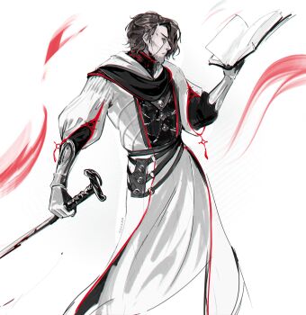 Rule 34 | 1boy, absurdres, belt, book, brown hair, cane, cropped legs, elden ring, elden ring nightreign, facial hair, from side, gauntlets, gloves, highres, holding, holding book, holding cane, monocle, mustache stubble, qederapawn, robe, scholar (elden ring), solo, standing, stubble, white background, white robe