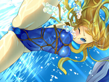 1girl air_bubble arms_behind_back asphyxiation bdsm blush bondage bound breasts breath bubble crotch_rope drowning female_focus gradient_background holding_breath medium_breasts original peril puffy_cheeks shibari solo spread_legs sweetsprite swimsuit torture underwater wince
