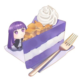 1girl black_coat blunt_bangs cake cake_slice chibi chibi_only closed_mouth coat dot_mouth dress fern_(sousou_no_frieren) food fork highres ikachyu long_hair looking_at_food purple_eyes purple_hair solo sousou_no_frieren standing straight_hair whipped_cream white_background white_dress