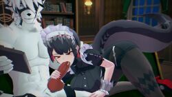 1boy 1girl 3d animal_penis animated black_hair clothed_female_nude_male ellen_joe eyepatch fellatio fins fish_tail furry furry_male hairband hetero highres hipminky indoors interior knotted_penis maid maid_headdress metal_hairband moaning nude oral penis red_eyes shark_girl shark_tail sound tagme tail video von_lycaon wallimog white_fur zenless_zone_zero