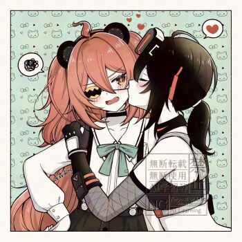 2girls animal_ear_hairband animal_ears animal_print arm_pouch bare_shoulders bear_ear_hairband bear_ears bear_print black_gloves black_skirt black_sports_bra blush border bow bow_print bowtie choker closed_eyes collarbone commentary_request crop_top detached_sleeves eyepatch facing_viewer fake_animal_ears fishnet_sleeves fishnets from_side gloves goggles goggles_on_head grace_howard green_background green_bow green_bowtie hair_between_eyes hairband hand_on_another&#039;s_shoulder hand_on_own_hip head_tilt heart kiss kissing_cheek koleda_belobog long_hair looking_at_another multiple_girls open_mouth ponytail puffy_sleeves qoxo_0 red_eyes red_hair sharp_teeth shirt skirt spoken_heart sports_bra suspenders teeth tongue triangle_print white_border white_shirt yuri zenless_zone_zero