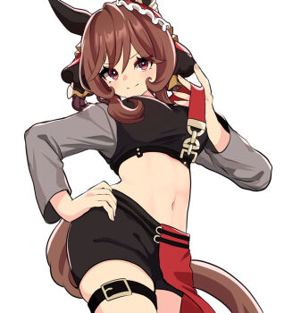 1girl alternate_costume animal_ears braid braided_hair_rings brown_hair ear_covers gentildonna_(umamusume) hair_rings heart-shaped_ornament heart_ear_ornament horse_ears horse_girl horse_tail navel nieto_tokage simple_background solo tail umamusume white_background