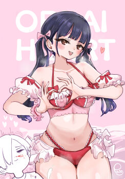 1boy 1girl bikini black_hair blood blush boku_no_kokoro_no_yabai_yatsu breasts brown_eyes commentary_request covered_erect_nipples detached_sleeves frilled_bikini frills heart heart-shaped_boob_challenge heart_hands highres ichikawa_kyoutarou large_breasts large_variant_set long_hair looking_at_viewer navel nosebleed official_alternate_costume open_mouth paso pink_background red_bikini ribbon smile solo_focus swimsuit variant_set yamada_anna