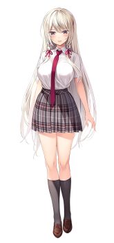 1girl amaemi-longing_for_you- arms_at_sides black_socks blush braid braided_sidelocks breasts brown_shoes collared_shirt full_body grey_hair grey_skirt hair_ribbon kneehighs kurusu_sakuya large_breasts large_variant_set loafers long_hair long_sidelocks looking_at_viewer necktie official_art open_mouth oryo_(oryo04) plaid_clothes plaid_skirt pleated_skirt purple_eyes red_necktie red_ribbon ribbon school_uniform shirt shoes short_sleeves sidelocks simple_background skirt socks solo standing tachi-e variant_set very_long_hair white_background white_shirt wing_collar