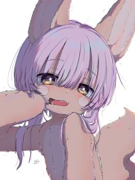 1other absurdres blush body_fur brown_eyes brown_fur claws commentary_request fangs furry hair_flowing_over highres horizontal_pupils long_hair looking_at_viewer made_in_abyss mouth_pull nanachi_(made_in_abyss) narehate nude open_mouth other_focus pink_hair sekaineko_001 simple_background solo tail upper_body whiskers white_background