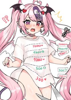 !? 1girl ^^^ ahoge black_nails bottomless breasts choker commentary cut-here_line earrings hair_ornament hairclip heart heart_ahoge heart_hair_ornament heart_o-ring heart_ring_choker heterochromia horns ironmouse jewelry like_and_retweet long_hair looking_at_viewer moshiedraws nail_polish o-ring o-ring_choker pink_choker pink_hair pink_nails pointy_ears purple_eyes purple_hair red_eyes scissors shirt short_sleeves simple_background small_breasts solo t-shirt twintails twitter_cutting_game twitter_strip_game very_long_hair virtual_youtuber vshojo white_background white_shirt wing_hair_ornament wings