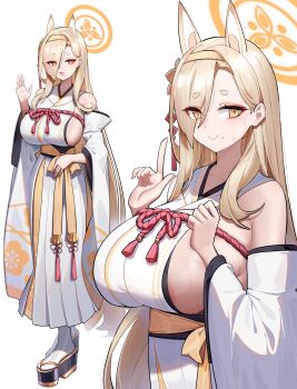 1girl absurdres animal_ears blonde_hair blue_archive breasts dishui_tangni fox_ears fox_girl highres japanese_clothes kaho_(blue_archive) large_breasts long_hair miko mole mole_under_mouth platform_clogs sideboob simple_background smile solo sweat sweatdrop thick_eyebrows white_background yellow_eyes