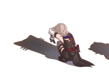 1boy back_bow black_boots black_bow black_capelet black_corset black_gloves black_shorts blonde_hair boots bow braid brown_thighhighs capelet cat_shadow_puppet_(meme) commentary_request corset detached_sleeves different_shadow genshin_impact gloves highres long_sleeves lyney_(genshin_impact) male_focus meme multicolored_gloves nekorin_chu shadow shadow_puppet shirt short_hair short_shorts shorts simple_background single_braid sleeveless sleeveless_shirt solo squatting thigh_strap thighhighs two-tone_gloves vision_(genshin_impact) watermark white_background white_gloves white_sleeves