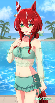 1girl animal_ears aqua_bikini bikini bikini_skirt blue_sky blush bracelet breasts choker collarbone commentary_request day green_eyes hair_between_eyes hair_ornament hairclip highres horse_ears horse_girl horse_tail jewelry kasumi_uzuki medium_hair multicolored_hair official_alternate_costume open_mouth outdoors palm_tree pool poolside red_hair see-through_clothes sidelocks sky small_breasts smile solo streaked_hair sweat swimsuit tail tree umamusume white_hair win_variation_(principal_on_the_water_surface)_(umamusume) win_variation_(umamusume)