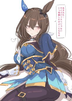 1girl absurdres admire_vega_(starry_nocturne)_(umamusume) admire_vega_(umamusume) animal_ears black_pantyhose blue_capelet blue_dress blush breasts brown_hair capelet closed_mouth commentary_request dress ear_covers hair_between_eyes highres horse_ears horse_girl horse_tail ken_(shutenndouji1) large_breasts long_hair long_sleeves looking_at_viewer low_ponytail lying necktie on_side pantyhose ponytail purple_eyes simple_background single_ear_cover solo speech_bubble sweatdrop tail thigh_strap umamusume white_necktie