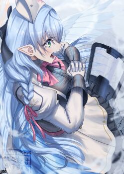 1girl angel_wings blue_archive blue_hair blue_wings braid clenched_hands commentary_request dress feathered_wings gloves green_eyes halo hat highres juliet_sleeves long_dress long_hair long_sleeves mine_(blue_archive) nurse_cap open_mouth pointy_ears puffy_sleeves riot_shield shield solo white_dress white_gloves wings yellow_halo zombie_mogura