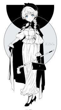 1girl alternate_costume bag black_gloves blue_eyes blush braid breasts cane cape commentary_request dress full_body gloves greyscale hat high_heels highres holding holding_bag holding_cane large_breasts looking_at_viewer lynette_bishop monochrome saki_hajime simple_background single_braid solo standing strike_witches white_background world_witches_series