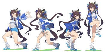 Rule 34 | 1girl, animal ears, baseball, blue eyes, blue jacket, blue ribbon, blue shorts, blush, breasts, brown hair, closed eyes, ear covers, hair between eyes, hair ribbon, hat, highres, horse ears, horse girl, horse tail, jacket, long hair, medium breasts, nishiki kazue, open clothes, open jacket, open mouth, pitching, ribbon, shirt, shoes, shorts, single ear cover, smile, socks, standing, standing on one leg, tail, twintails, umamusume, vivlos (umamusume), white shirt, white socks