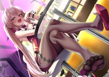 1girl animal_ear_fluff animal_ears artist_request bar_stool bare_shoulders black_bow black_bowtie black_pantyhose blonde_hair bow bowtie breasts chair cleavage crossed_legs cup detached_collar drinking_glass drinking_straw fang feet from_below glass_table hair_between_eyes half-closed_eyes hand_to_own_mouth high_heels highres legs leotard little_witch_nobeta loli long_hair looking_down nobeta open_mouth pantyhose playboy_bunny red_leotard red_shoes shoes single_shoe sitting small_breasts smile smug soles solo stool strapless strapless_leotard table thighs toes twintails very_long_hair wrist_cuffs