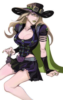 blonde_hair breasts cape commentary cowboy_hat genderswap genderswap_(mtf) goggles goggles_on_headwear green_eyes green_lips green_nails gyro_zeppeli hat highres jojo_no_kimyou_na_bouken long_hair pleated_skirt reichio simple_background skirt steel_ball_run symbol-only_commentary white_background