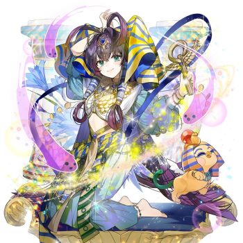 1girl ancient_egyptian_clothes antenna_hair aqua_eyes barefoot breasts cane commentary_request gradient_hair hair_between_eyes holding holding_cane kneeling large_breasts multicolored_hair pink_hair purple_hair ruka_fuuun sphinx sukja uchi_no_hime-sama_ga_ichiban_kawaii