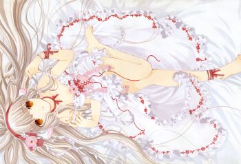 1girl absurdres android ankle_ribbon barefoot blonde_hair breasts brown_eyes chii chii_(cosplay) chobits clamp clamp_(circle) corset cosplay cross-laced_clothes cross-laced_corset dress feet fixed frilled_dress frills from_above garter_straps hair_spread_out hair_tubes highres leg_ribbon lolita_fashion long_hair looking_at_viewer low-tied_sidelocks no_pupils official_art ribbon robot_ears sidelocks small_breasts traditional_media very_long_hair white_dress white_theme