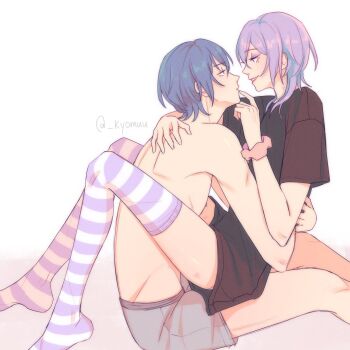 Rule 34 | 2boys, androgynous, arm around shoulder, arm up, arms around waist, black shirt, blue hair, boxers, male byleth (fire emblem), commentary, couple, english commentary, eye contact, eyeshadow, feet out of frame, fire emblem, fire emblem: three houses, grey male underwear, hair behind ear, highres, kyomuu, leg lock, looking at another, makeup, male focus, male underwear, multiple boys, nintendo, over-kneehighs, parted lips, profile, purple hair, scrunchie, shirt, simple background, smile, socks, striped clothes, striped socks, t-shirt, thighhighs, topless male, twitter username, underwear, white background, wrist scrunchie, yaoi, yuri leclerc