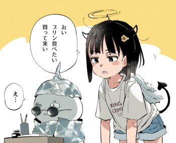 1boy 1girl ano_ko_wa_toshi_densetsu artist_self-insert black_hair blue_shorts blush_stickers box brown_background brown_eyes cardboard_box clothes_writing commentary_request denim denim_shorts fake_halo fake_horns fake_wings feathered_wings flower gomennasai hair_flower hair_ornament hairclip halo horns inkwell mini_wings open_mouth paintbrush shirt short_sleeves shorts sunglasses teeth tinfoil_hat translation_request two-tone_background upper_teeth_only white_background white_shirt white_wings wings yellow_flower zangyaku-san