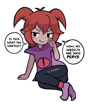 1girl beebz_(demon_turf) black_eyes black_pants demon_girl demon_turf highres legs_together loli lying pants pointy_ears purple_shirt red_hair shino_(shinokani) shirt tan