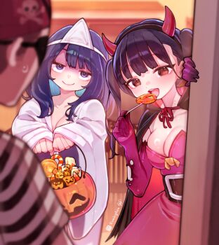 Rule 34 | 1boy, 2girls, black cloak, black hair, blue eyes, blue hair, boku no kokoro no yabai yatsu, breasts, brown eyes, candy, candy cane, cleavage, cloak, closed mouth, demon horns, dress, elbow gloves, eyepatch, fake horns, food, ghost costume, gloves, halloween bucket, halloween costume, highres, horns, japanese clothes, kimono, lianbiglian, lollipop, make heroine ga oo sugiru!, medium breasts, mole, mole on neck, multiple girls, name connection, open mouth, pirate costume, purple dress, purple gloves, shiroshouzoku, smile, triangular headpiece, trick-or-treating, twintails, white kimono, yamada anna, yanami anna