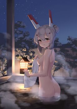 1girl absurdres alternate_hairstyle ass ayanami_(azur_lane) azur_lane bare_back bare_shoulders breasts commentary_request fence hair_between_eyes hair_bun hair_ornament hairclip headgear highres holding holding_towel in_water lantern long_hair looking_at_viewer medium_breasts midriff night nipples nude onsen orange_eyes penguin_(dx19291005) sideboob sidelocks silver_hair single_hair_bun sky solo star_(sky) starry_sky steam towel tree wet wooden_fence