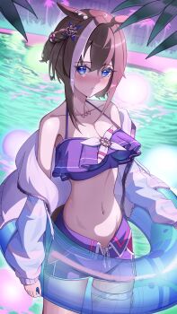 1girl absurdres anchor_hair_ornament animal_ears bare_shoulders bikini bikini_shorts blue_bikini blue_eyes blue_swim_trunks blush braid breasts brown_hair chain_ma cheval_grand_(summer_calm_navy_drop)_(umamusume) cheval_grand_(umamusume) cleavage closed_mouth collarbone commentary_request ear_ornament hair_between_eyes hair_ornament half_up_braid half_up_half_down_braid heart heart_necklace highres holding holding_swim_ring horse_ears horse_girl horse_tail innertube jacket jewelry large_breasts long_hair looking_at_viewer multicolored_hair navel necklace official_alternate_costume official_alternate_hairstyle pool shorts solo stomach streaked_hair swim_ring swimsuit tail thigh_strap umamusume water white_hair white_streaks
