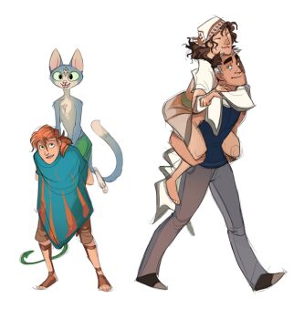 1boy 1other 2girls animal_ears beel_(greekceltic) black_shoes blue_fur blue_poncho brown_hair brown_pants brown_sandals carrying carrying_person cat_ears cat_tail full_body gale_(greekceltic) greekceltic green_shorts grey_hair grey_pants jacky_(greekceltic) medium_hair multiple_girls open_mouth orange_hair orange_poncho original pants poncho sandals shoes short_hair shorts simple_background smile tail