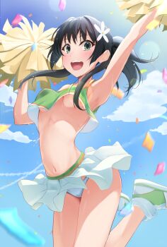 1girl :d black_hair blue_eyes blue_sky breasts cheering cheerleader cloud commentary_request commission confetti crop_top flower hair_flower hair_ornament highres holding holding_pom_poms jumping k3rd long_hair navel no_bra open_mouth panties pom_pom_(cheerleading) pom_poms ponytail saten_ruiko skeb_commission skirt sky small_breasts smile solo stomach teeth toaru_kagaku_no_railgun toaru_majutsu_no_index underboob underwear upper_teeth_only white_panties white_skirt