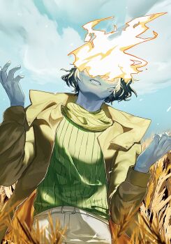 1boy absurdres brown_jacket burning clenched_teeth cloud cloudy_sky coat_guy_(no_i&#039;m_not_a_human) cowboy_shot day fire hands_up highres jacket katsumira male_focus no_i&#039;m_not_a_human open_clothes open_jacket open_mouth outdoors scarf shirt sky solo striped_clothes striped_shirt teeth wheat_field