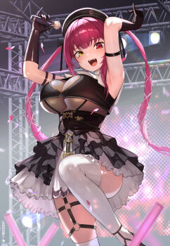 1girl arm_strap armpits bare_shoulders beret black_gloves black_hat black_shirt black_shoes black_skirt blunt_bangs blush breasts cleavage_cutout clothing_cutout commentary_request concert confetti corset cowboy_shot dress elbow_gloves frilled_skirt frills garter_straps gloves glowstick gold_trim guimpe hair_ribbon hands_up hat heart_cutout heterochromia high_heels highres holding holding_microphone hololive houshou_marine houshou_marine_(ahoy!!_you&#039;re_all_pirates) jewelry large_breasts layered_skirt leotard light_blush long_hair looking_at_viewer maro2ki3 microphone miniskirt o-ring o-ring_garter_belt o-ring_thigh_strap official_alternate_costume official_alternate_hairstyle open_mouth penlight_(glowstick) pleated_skirt red_eyes red_hair ribbon see-through_clothes see-through_leotard shirt shoes short_dress showgirl_skirt sidelocks skirt sleeveless sleeveless_dress smile solo stage strap teeth thigh_strap thighhighs thighs tress_ribbon twintails underboob_cutout upper_teeth_only very_long_hair virtual_youtuber white_skirt white_thighhighs yellow_eyes